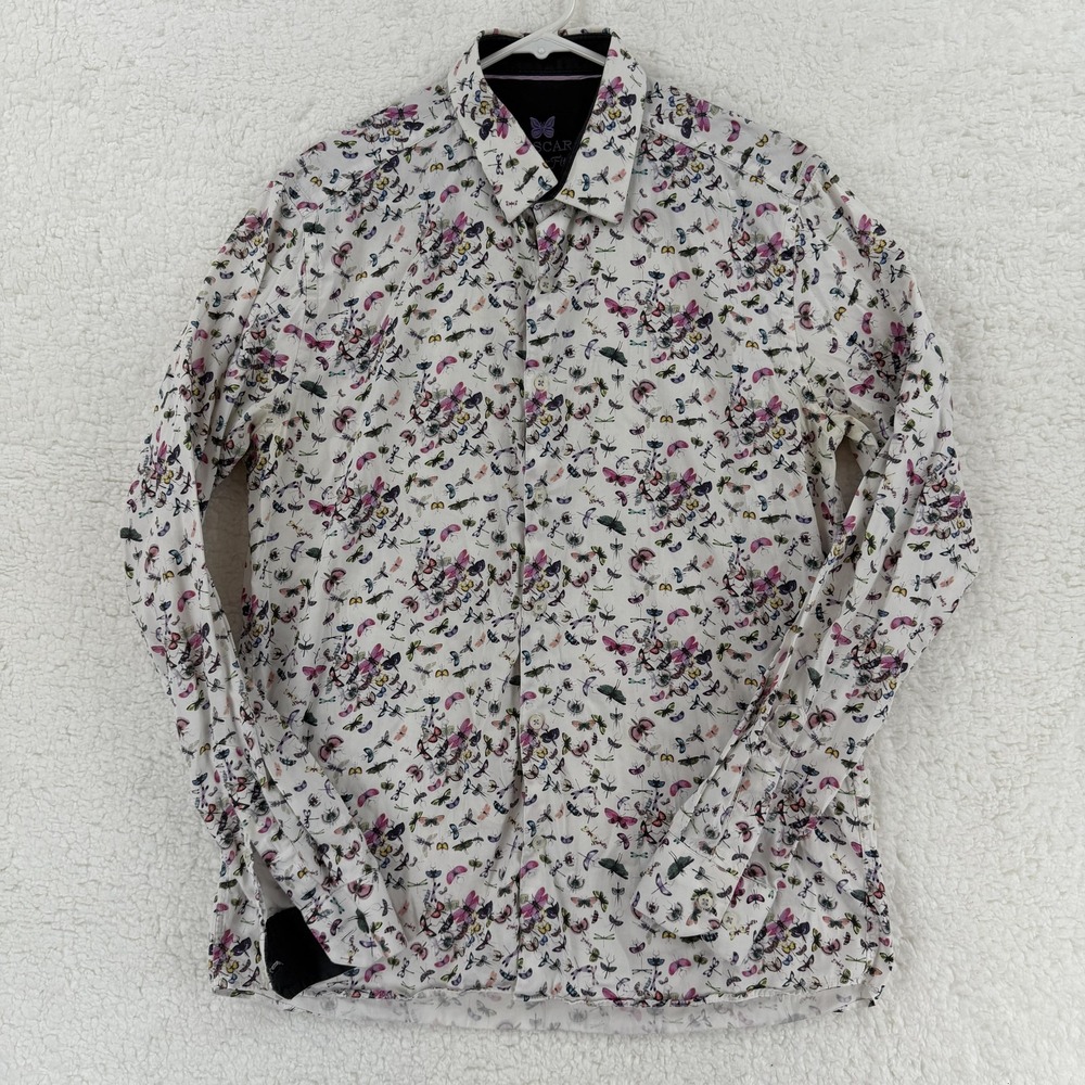 Oscar Paris Shirt Mens Large Butterfly Print Long Sleeve Button Up Tailor Fit